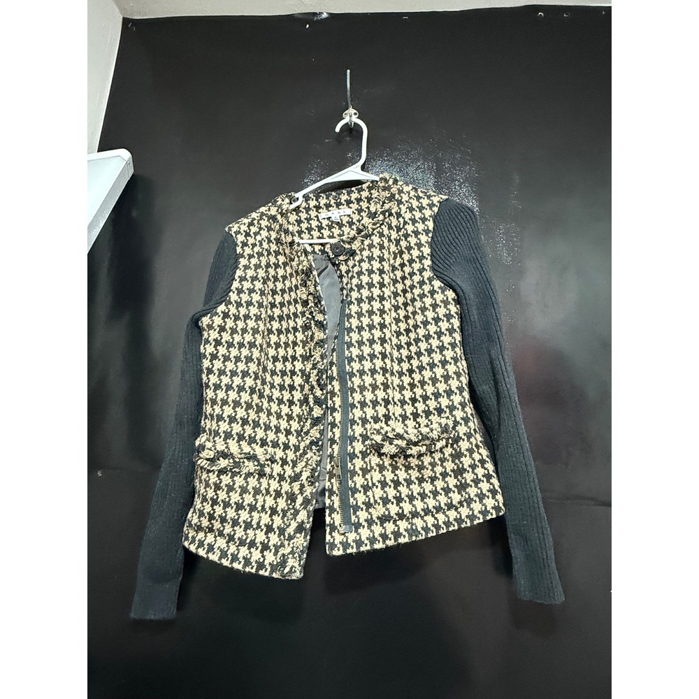 Cabi Houndstooth Mixed Media Zip‎ Front Jacket Knit Sleeves Tan Black Small